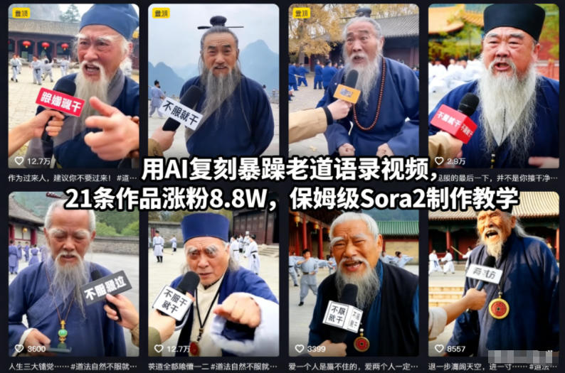 用AI复刻暴躁老道语录视频,21条作品涨粉8.8W,保姆级Sora2制作教学-小目标云网创