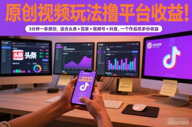 原创视频玩法撸平台收益，3分钟一条原创，适合头条+百家+视频号+抖音，一个作品吃多份收益-小目标云网创