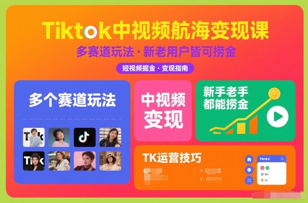 Tiktok中视频航海变现课,多个赛道玩法,新手老手都能在TK中视频捞金-小目标云网创