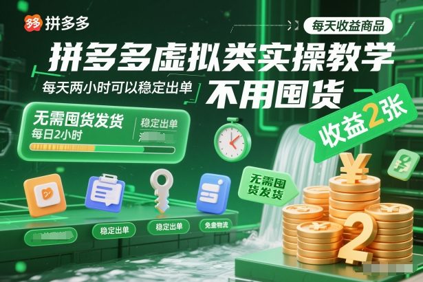 拼多多虚拟类实操教学，不用囤货、不用发货，每天两小时可以稳定出单，每天收益2张-小目标云网创